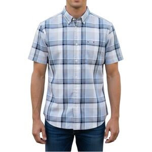 Tommy Hilfiger Mens Short Sleeve Button Down Shirt Cotton Blue Beige Plaid Small